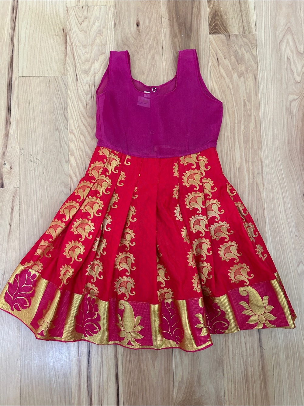 Girls' Pink Bodice Red Skirt Dress with Gold Motif